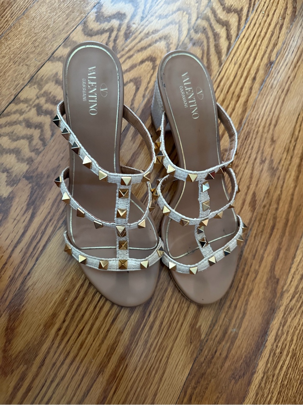 Valentino Garavani Gold Pyramid-Stud Strappy Heels